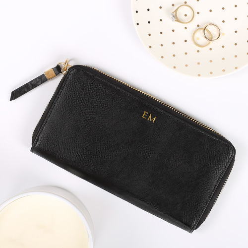 Womans Black Leather Wallet with Monogram